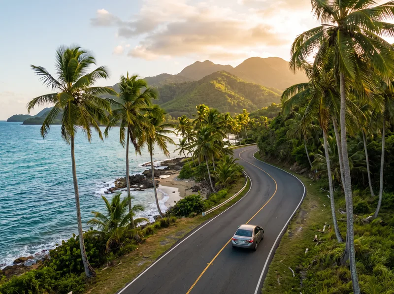 Carretera costera con palmas y mar turquesa — ruta escénica de Puerto Rico